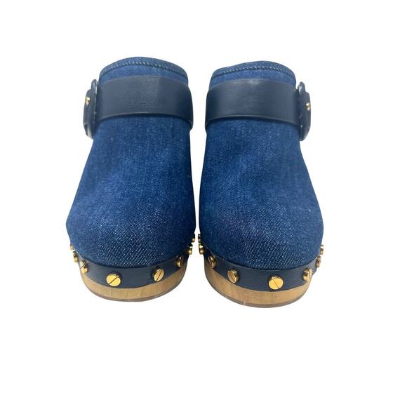 Veronica‎ Beard Dacey Denim Clogs Heels Studded Buckle Wood Blue Size 6 - Picture 5 of 13